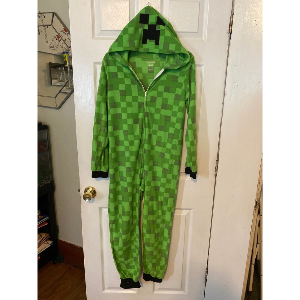 Minecraft Creeper Hooded Union Suit Green Pixel Fleece Pajamas Boys Size 14/16